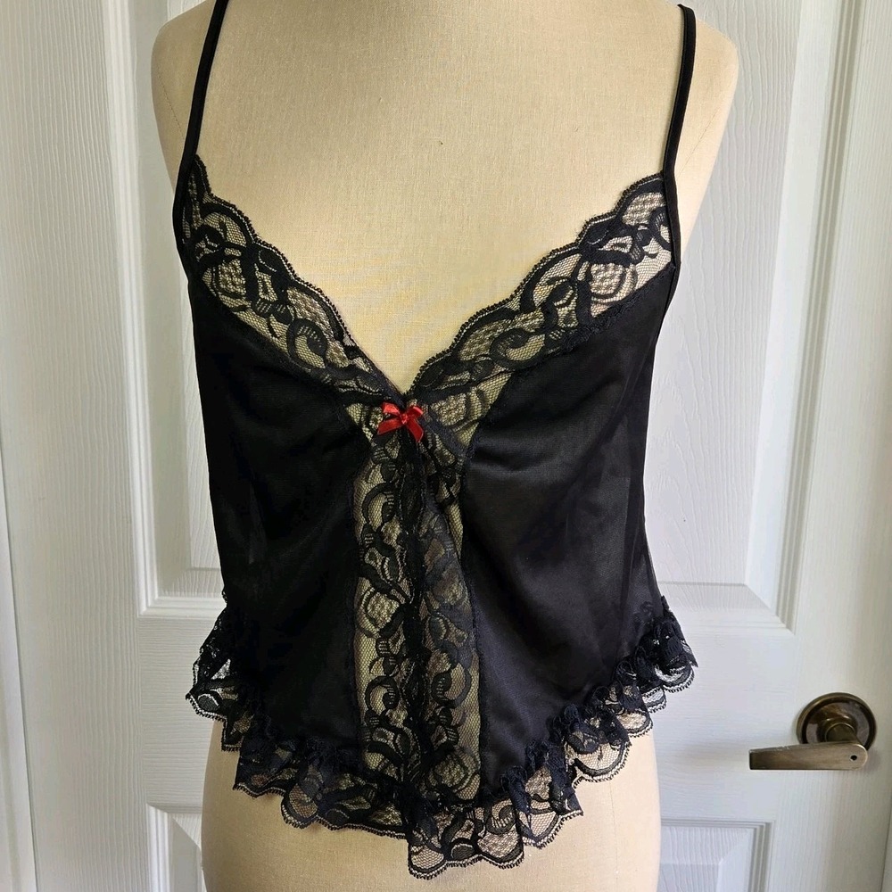 First Lady Vintage Camisole Top Size L Black Lace Mesh Nylon Ruffle Lingerie USA